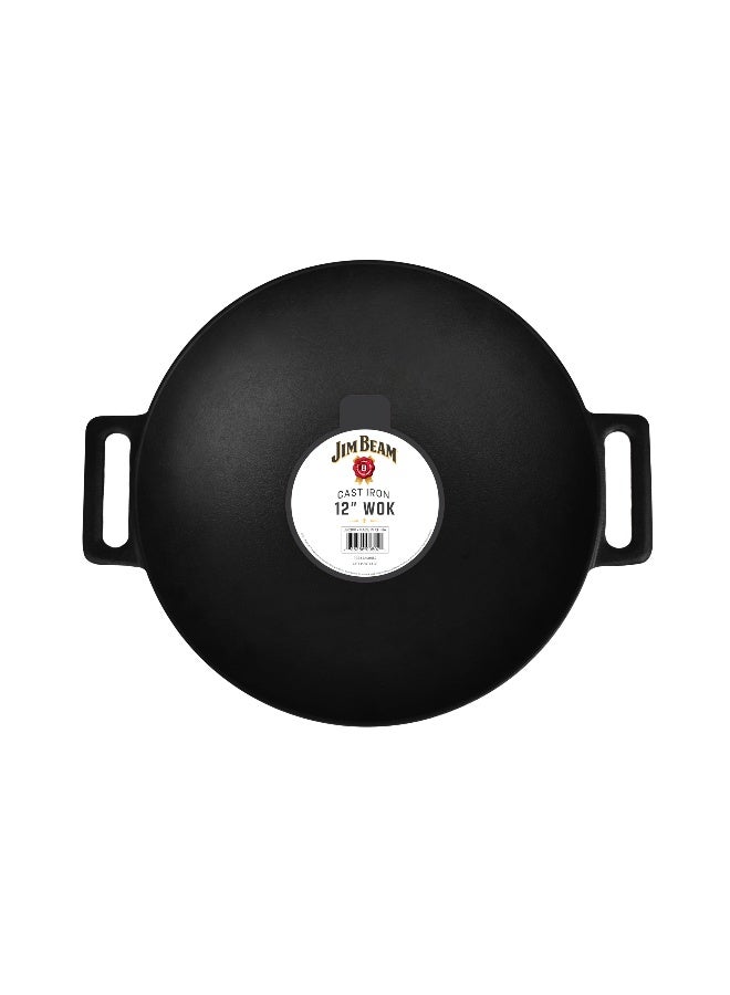 Jim Beam 12'' Pre Seasoned Heavy Duty Construction Cast Iron Grilling Wok, Griddle and Stir Fry Pan - Image 3